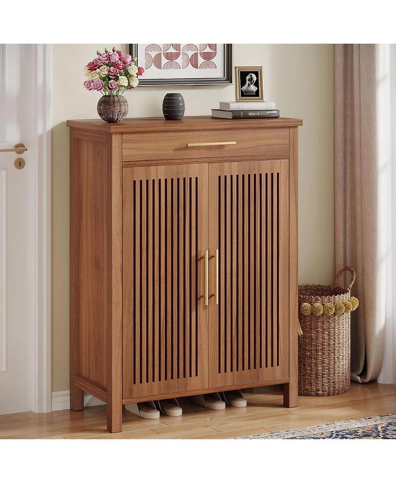Tribesigns Shoe Cabinet, 5-Tier Shoe Storage Cabinet with Louvered Doors and Drawer, Freestanding Wooden Shoe Rack Organizer with Adjustable Shelves f