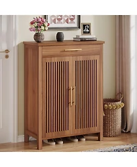 Tribesigns Shoe Cabinet, 5-Tier Shoe Storage Cabinet with Louvered Doors and Drawer, Freestanding Wooden Shoe Rack Organizer with Adjustable Shelves f