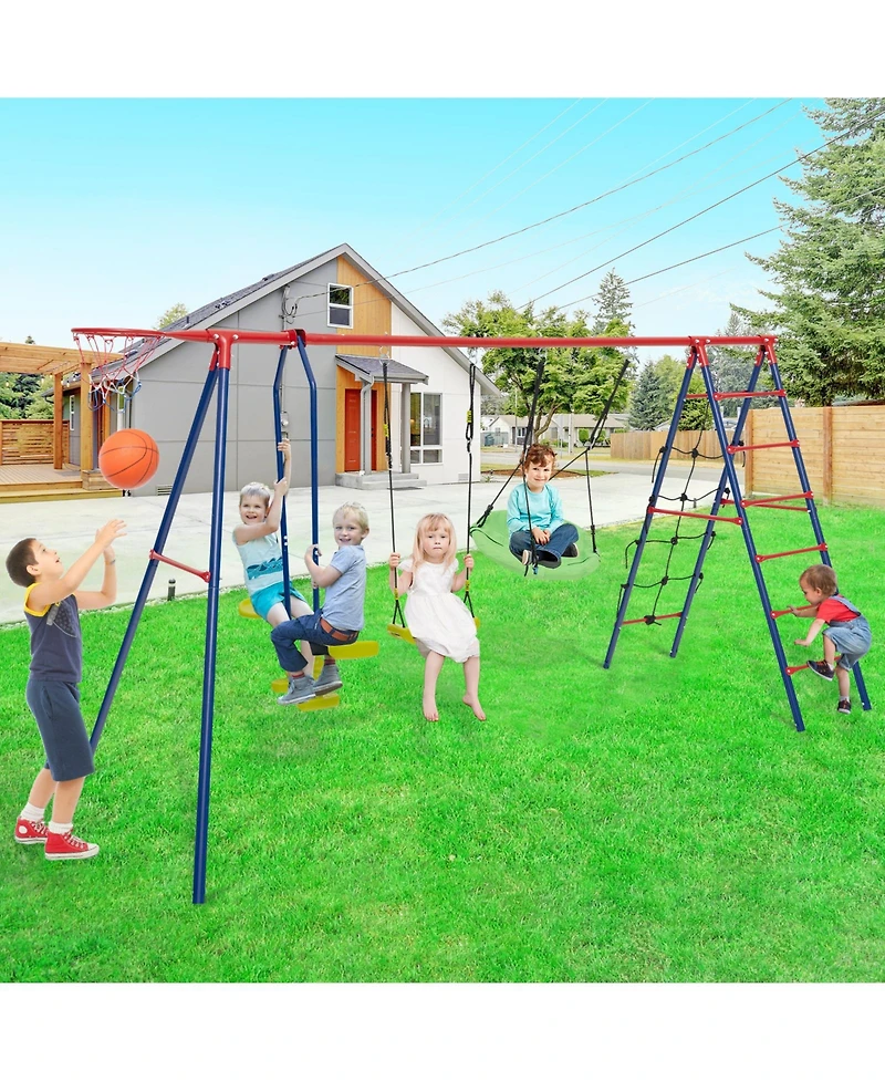 550 Lbs 6-in-1 Patio Kids Swing Set – Climbing Net, Ladder & Basketball Hoop