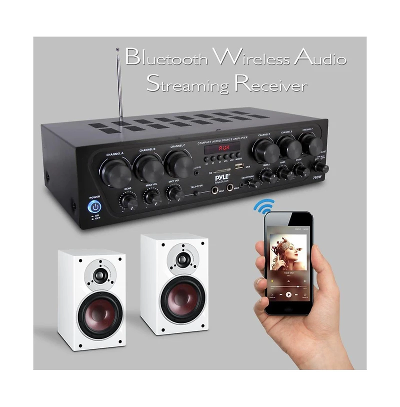 Pyle 6-Channel Wireless Bluetooth Home Audio Amplifier with Fm Radio, MP3/Usb/Sd Playback - 750W Max, PTA62BT