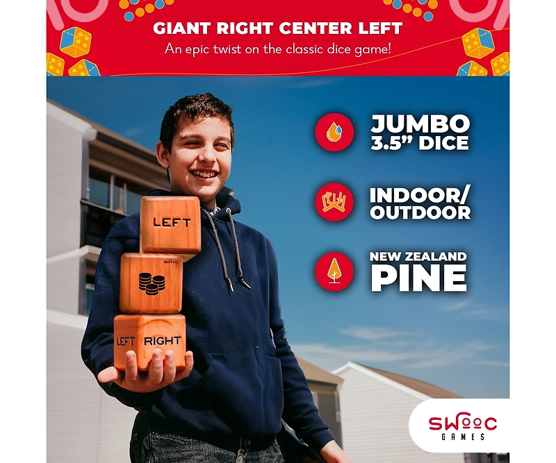 Giant Right Center Left Dice Game (All Weather) w/ 24 Large Chips & Carry Bag - Jumbo Wooden Lawn Game - Backyard Games