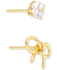Macy's 2-Pc. Set Bow & Crystal Stud Earrings in 14k Gold Over Sterling Silver