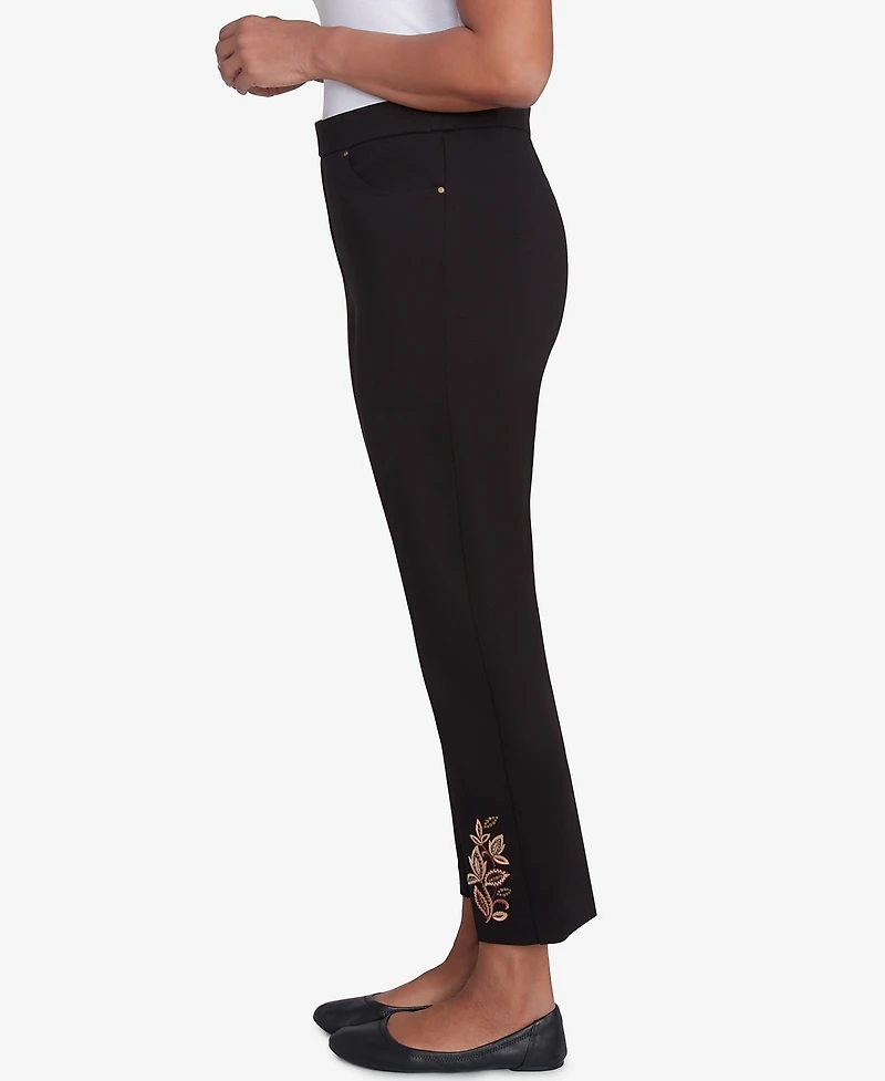 Alfred Dunner Women's Rue Rivoli Embroidered Leaf Flat Elastic Waist Short Length Ponte Pants
