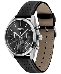 Hugo Boss Men's Chronograph Champion Black Leather Strap Watch 44mm