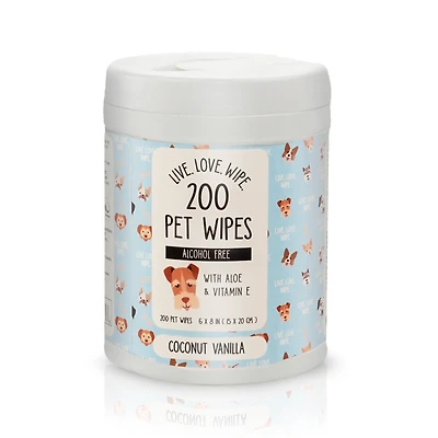 Precious Tails 200pc. Live Love Wipe Pet Wipes in Canister for Dogs, Dog Grooming Wipes for Cleaning Deodorizing Paws, Butt, Body with Aloe and Coconu