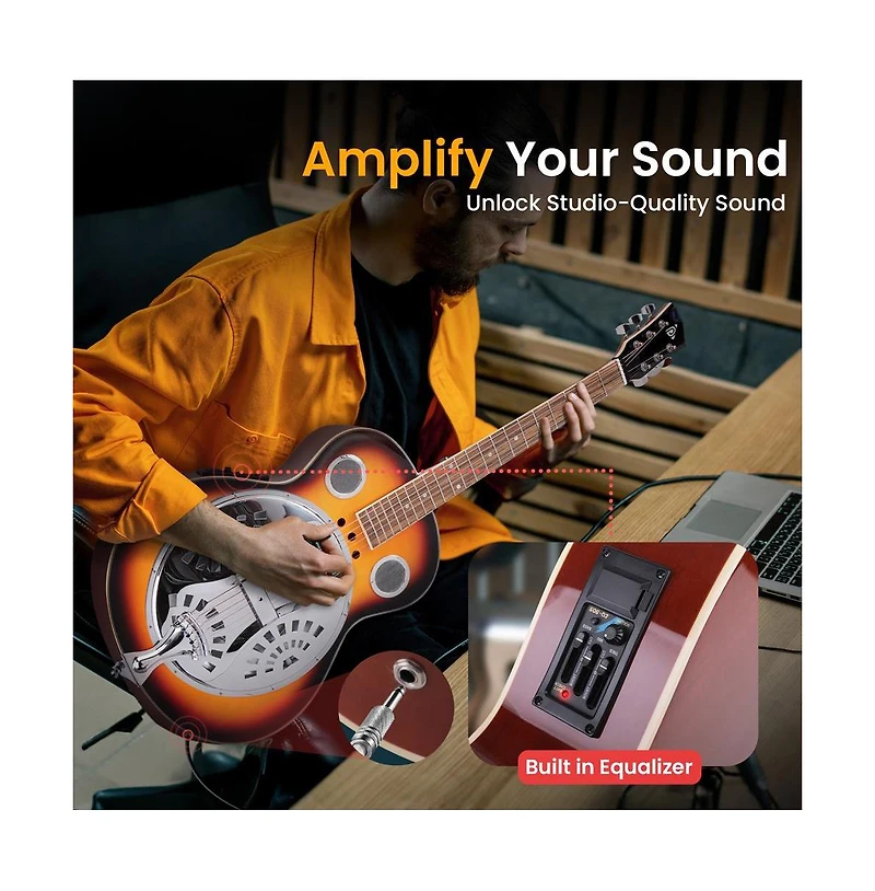 Pyle 39.8" Full-Size Acoustic Resonator Guitar with Accessory Pack - Deep Cherry Sunburst, PGA500BR