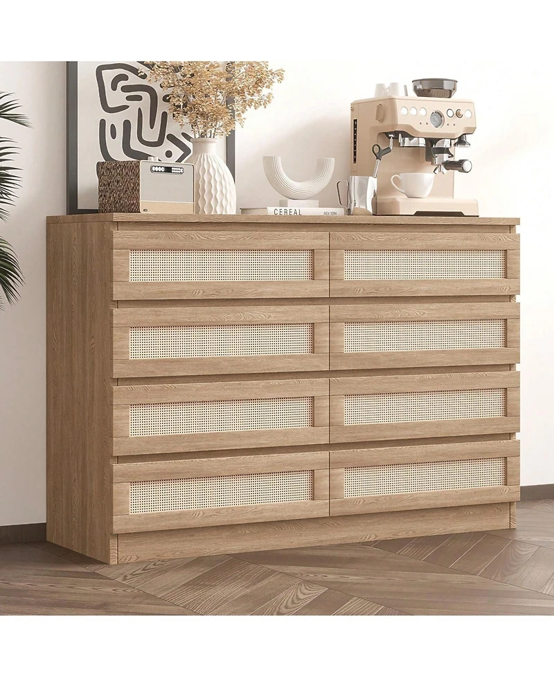 8 Drawer Double Dresser For Bedroom, Rattan Chest Of Dressers