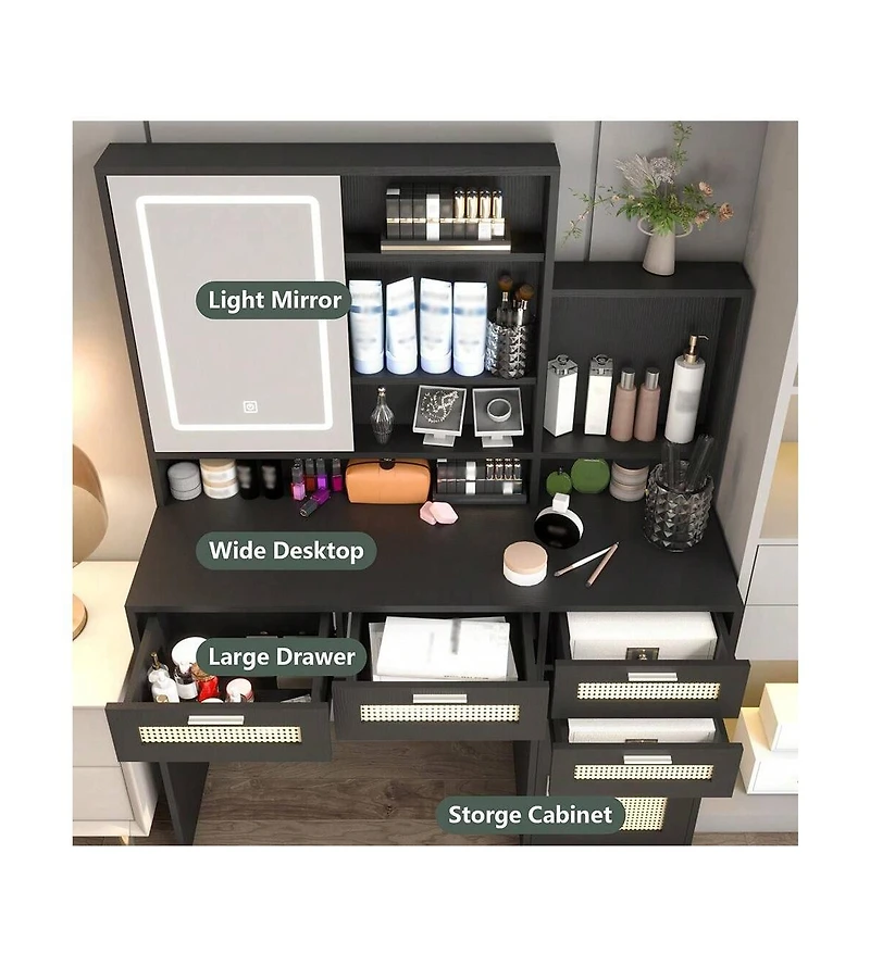 gaomon Makeup Vanity With Lights In 3 Colors And Openable Mirror, Vanity Desk With 4 Drawers, 1 Cabinets And Shelves, Vanity Table Rattan Vanity Dress