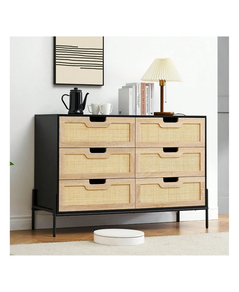 6 Drawers Dresser For Bedroom, Natural Rattan Drawer With Spacious Storage, Wood Chest Of Drawers With Metal Legs For Bedroom, Living Room, Hallway