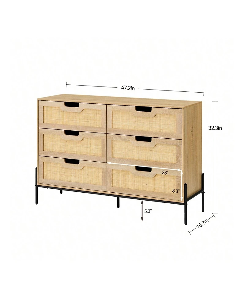 6 Drawers Dresser For Bedroom, Natural Rattan Drawer With Spacious Storage, Wood Chest Of Drawers With Metal Legs For Bedroom, Living Room, Hallway, E