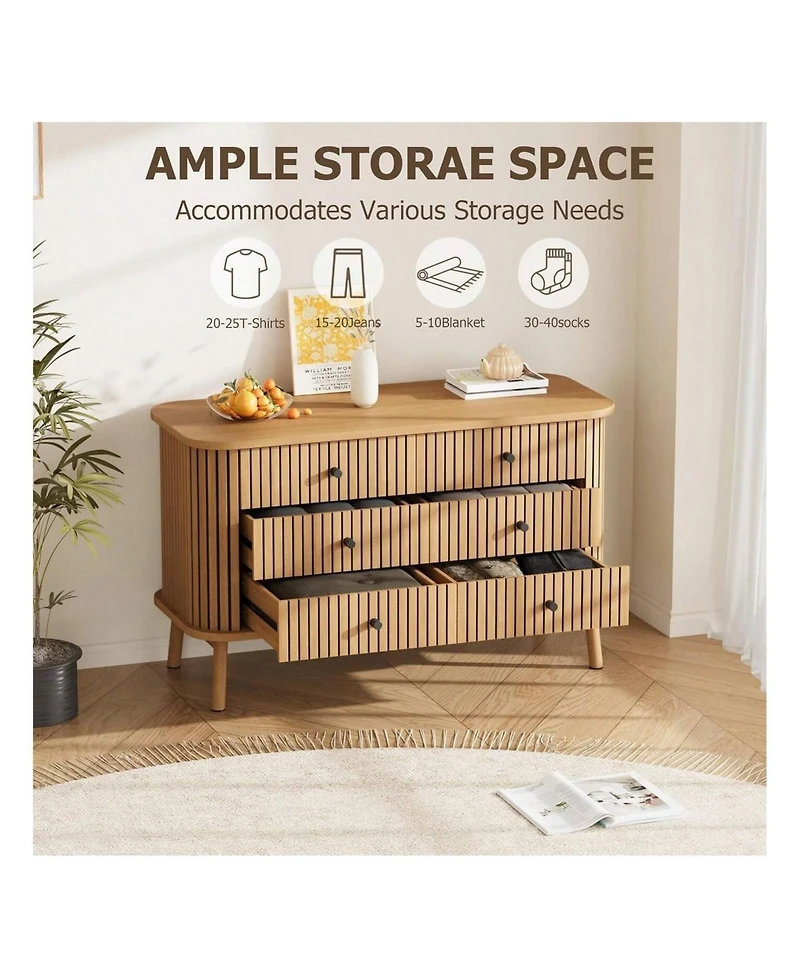 6 Drawer Dresser, Horizontal Chests Of Double Drawers For Bedroom, Mid Century Dresser With Black Handles And Wooden Legs, Storage Drawer Organizer Fo