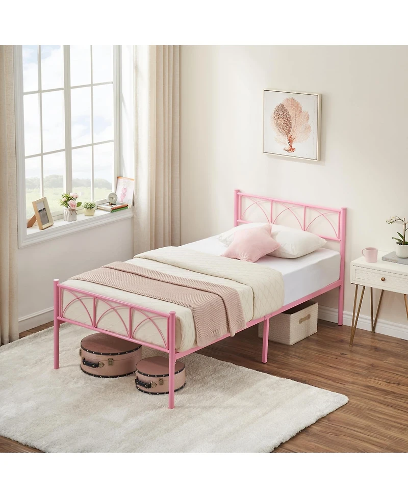 gaomon Metal Bed Frame Twin Pink, Sturdy Modern Stylish Iron Twin Bed Frame with Headboard and Footboard