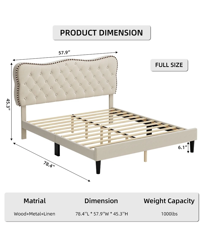 gaomon Linen Fabric Upholstered Bed Frame, Modern Platform Bed Mattress Foundation with Adjustable Headboard