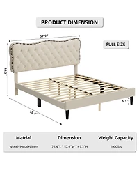 gaomon Linen Fabric Upholstered Bed Frame, Modern Platform Bed Mattress Foundation with Adjustable Headboard