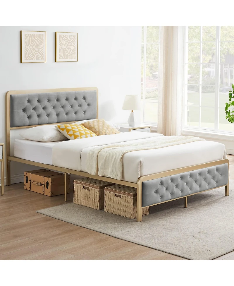 Gaomon Full Size Bed Frame, Velvet Upholstered Platform Bed with Button Tufted Headboard