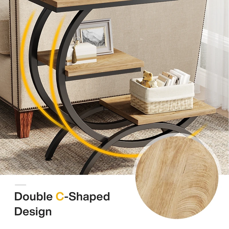 Tribesigns 3-Tier Small Side Table with Storage Shelves,Wood C-Shaped End Table for Living Room Small Space