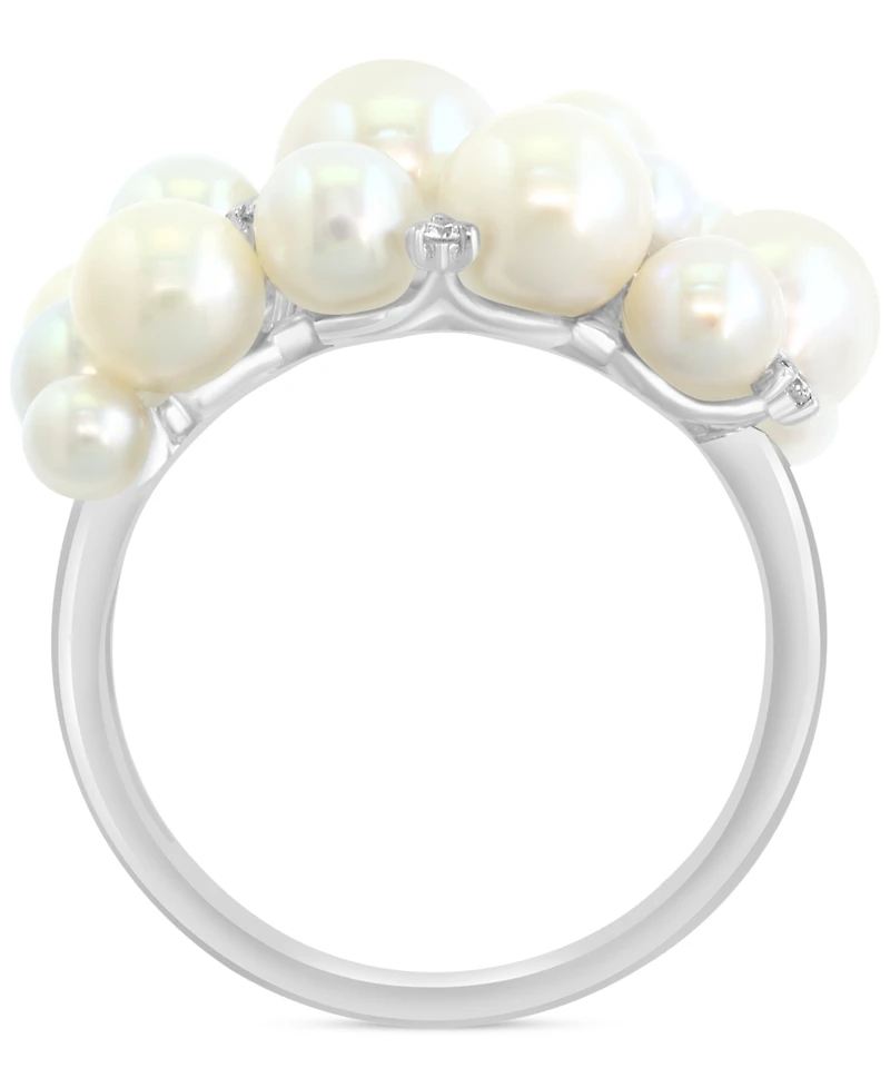 Effy Cultured Freshwater Pearl (3 - 6-1/2mm) & Diamond (1/10 ct. t.w.) Cluster Ring in 14k White Gold