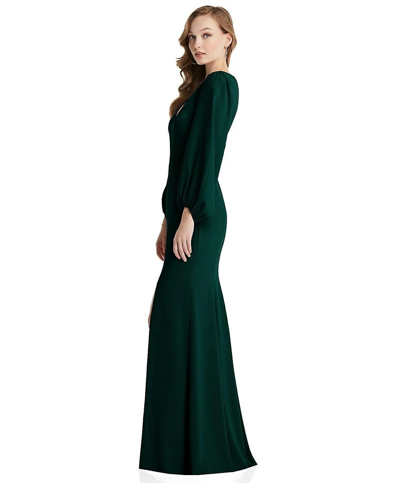 Womens Long Puff Sleeve V-Neck Trumpet Gown