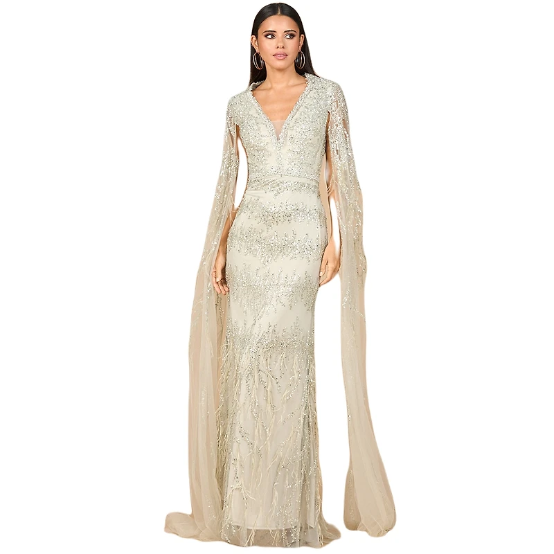 Lara Women's V - Neck Gown with Long Cape Sleeves and Feathers