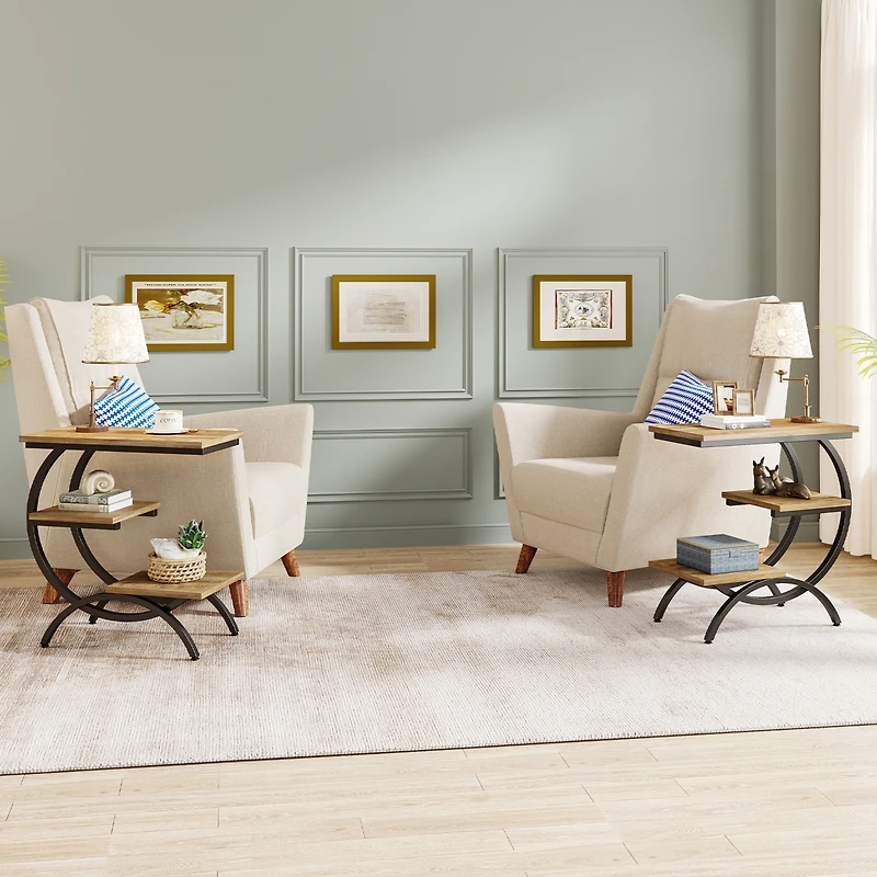 Tribesigns 3-Tier Small Side Table with Storage Shelves Set of 2,Wood C-Shaped End Table for Living Room Small Space