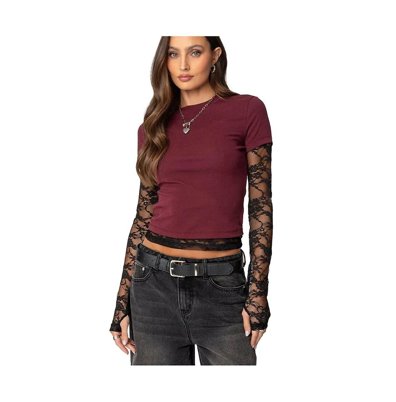 Edikted Womens Layered Lace Sleeve T Shirt