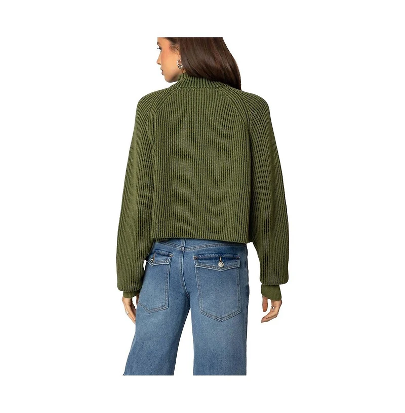 Edikted Women's Cropped Rib Knit Half Zip Sweater