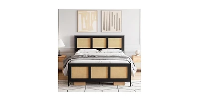 gaomon Queen Size Bed Frame, Metal Bed Frame with Rattan Headboard and Footboard