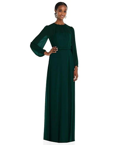 Dessy Collection Women's Strapless Chiffon Maxi Dress with Puff Sleeve Blouson Overlay