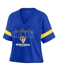 Wear by Erin Andrews Women's Royal Los Angeles Rams Color Block Boxy Modest Crop V-neck T-shirt