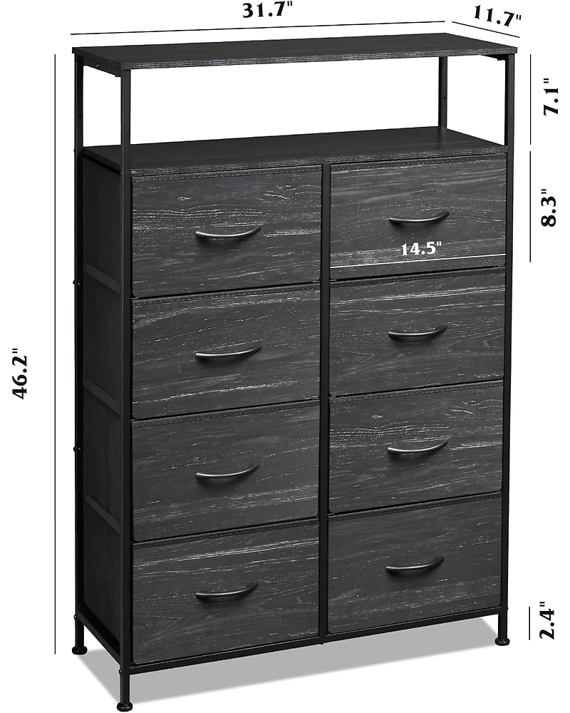 Wlive Fabric Dresser for Bedroom with Open Shelves Tall 8 Drawers Storage Tower Bins Chest of Closet Hallway