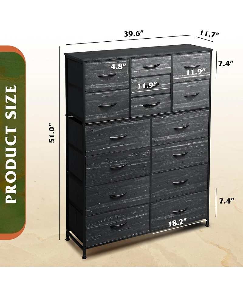 Wlive Tall Dresser for Bedroom Furniture Fabric Dressers Storage Tower with 15 Deep Drawers Closet Hallway Entryway Office w