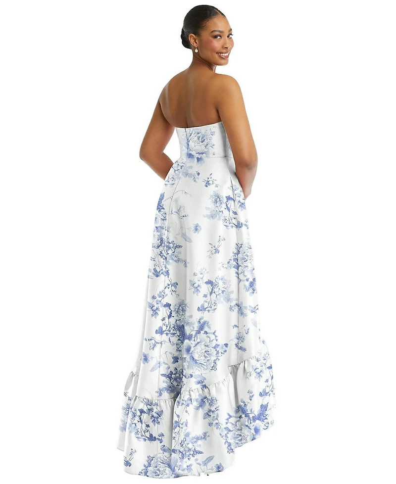 Alfred Sung Plus Strapless Floral High-Low Ruffle Hem Maxi Dress with Pockets