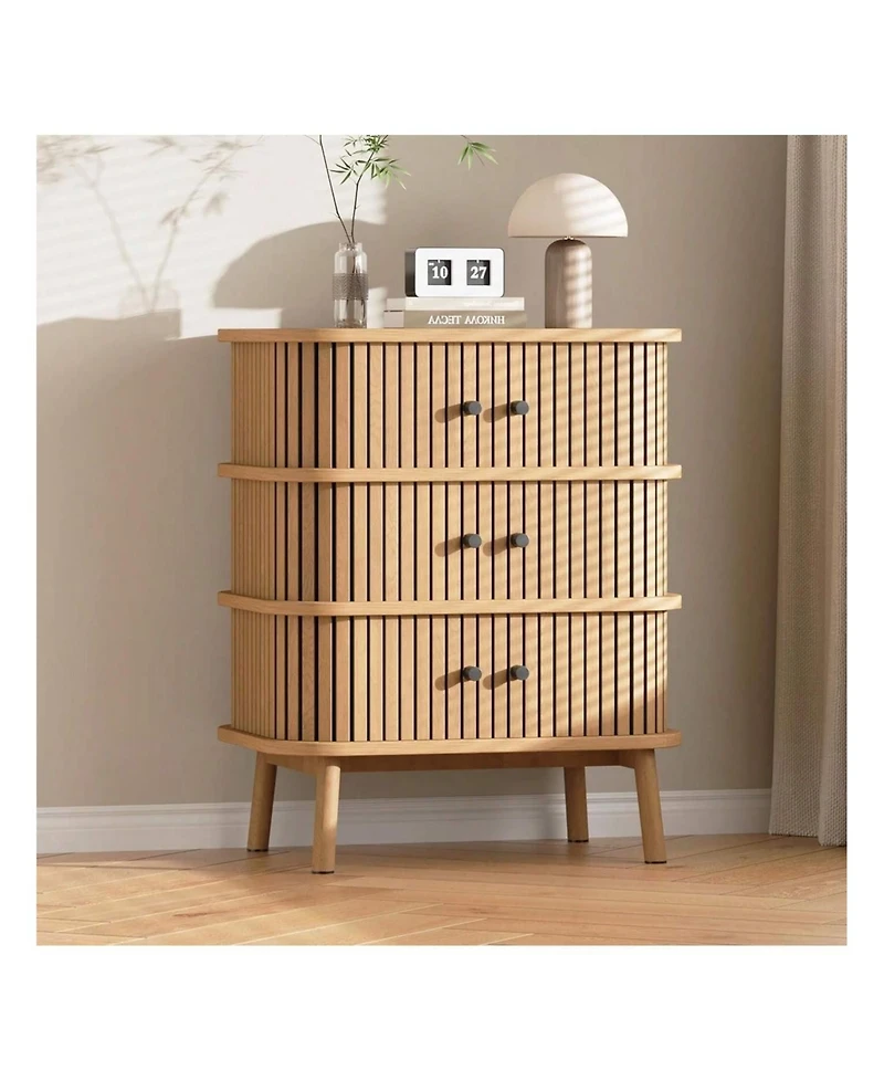 gaomon Fluted 3 Drawer Nightstand With Sliding Door, Mid Century Wooden 3 Drawer Dresser, Chest Of Storage Drawer, Side Table For Bedroom