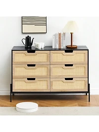 6 Drawers Dresser For Bedroom, Natural Rattan Drawer With Spacious Storage, Wood Chest Of Drawers With Metal Legs For Bedroom, Living Room, Hallway