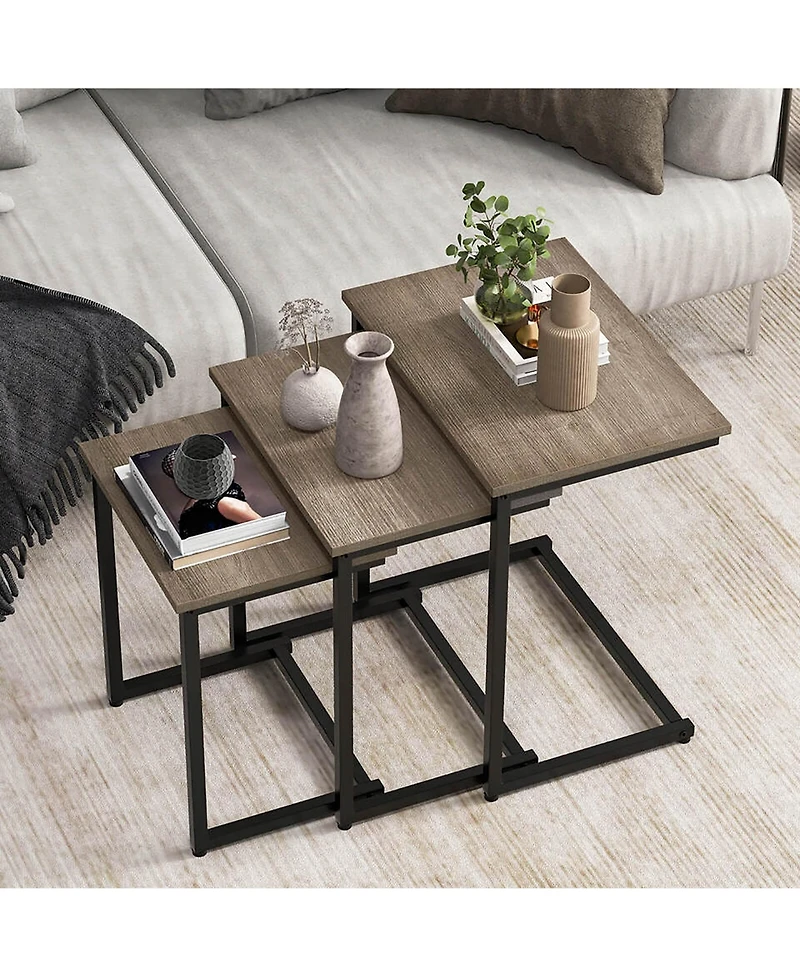 Gymax 3 Pcs Nesting Coffee End Table Set Stacking Side Nightstand Living Room Rustic