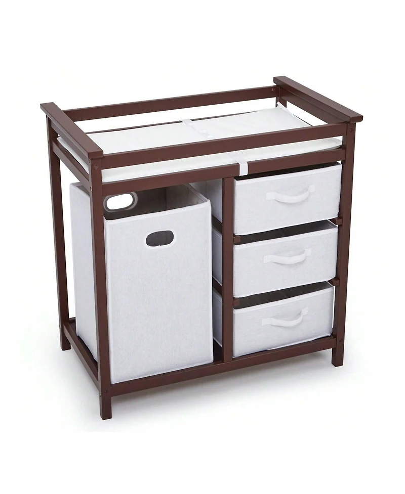gaomon Wooden Baby Changing Table, Diaper Infant Station Dresser With Laundry Hamper, 3 Drawer Basket And Pad