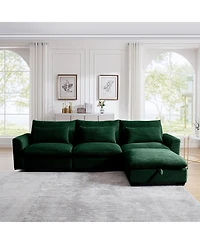 Streamdale Furniture Corduroy Sectional Sofa, L Shaped Couch with Storage Footstool and 3 Pillow, Sectional Couch for Living Room Apartment, Green