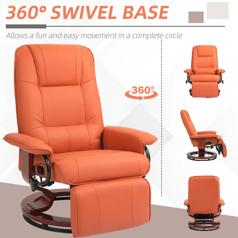 Faux Leather Manual Recliner, Adjustable Swivel Lounge Chair with Footrest, Armrest and Wrapped Wood Base for Living Room, Orange