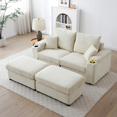 Streamdale Corduroy Modular Loveseat with Ottomans and Pillows