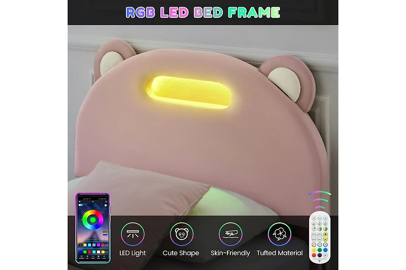 gaomon Led Twin Bed Frame with Light Pink Upholstered Adjustable Headboard, Velvet Platform, Wooden Slat Support, Noise-Free Construction, No Box Spri