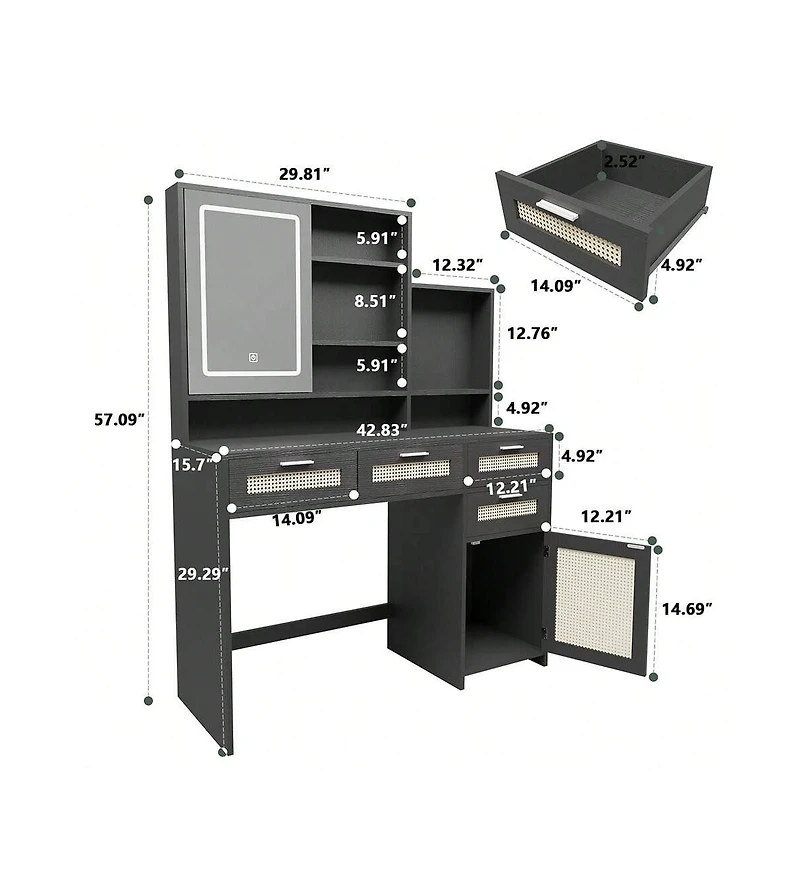 gaomon Makeup Vanity With Lights 3 Colors And Openable Mirror, Desk 4 Drawers, 1 Cabinets Shelves, Table Rattan Dress