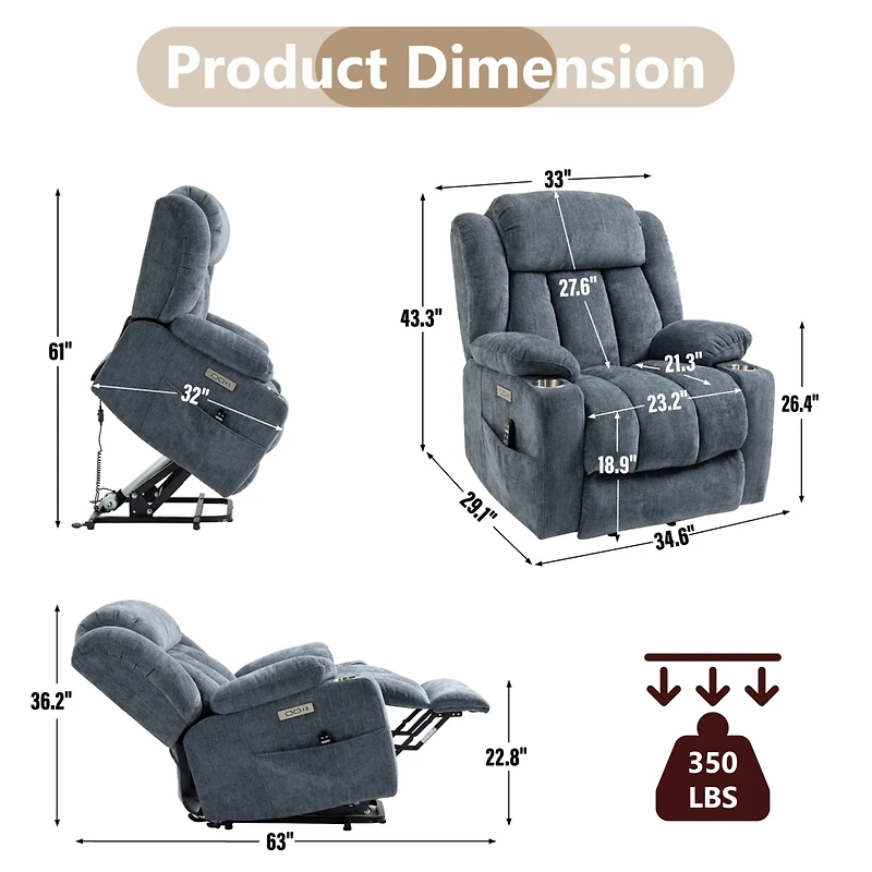 Up to 350 Lbs Power Lift Recliner Chair Heavy Duty Motion Mechanism with 8-Point Vibration Massage and Lumbar Heating