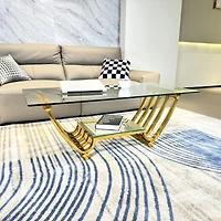 47" Rectangle Modern Stainless Steel Coffee Table, Double-Layer Clear Tempered Glass Coffee Table, Center Table Table with Storage, for Living Ro