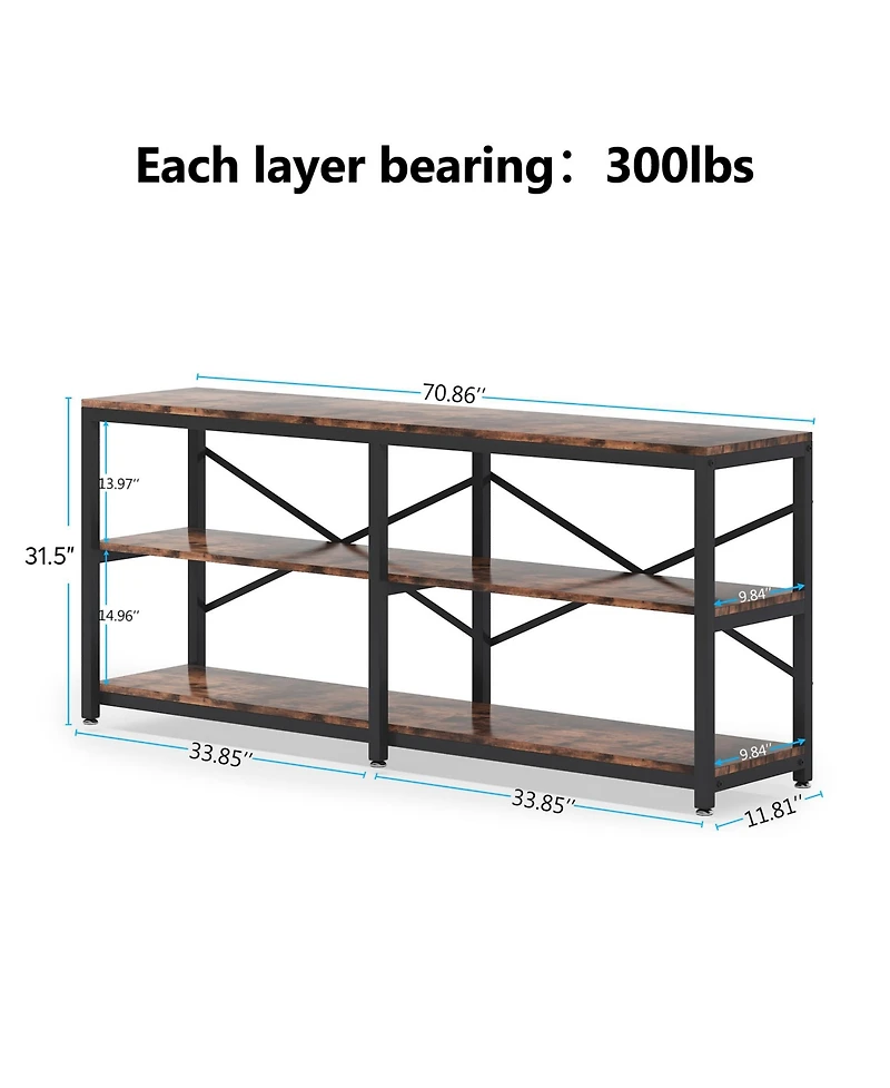 Tribesigns 3-Tier Industrial Hallway Entryway Table,70.9 Inch Extra Long Console Table, Modern Sofa Table Behind Couch Table with Storage Shelves