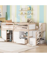 Streamdale Twin Low Loft Bed with Stair, Drawer, Shelf - Cream