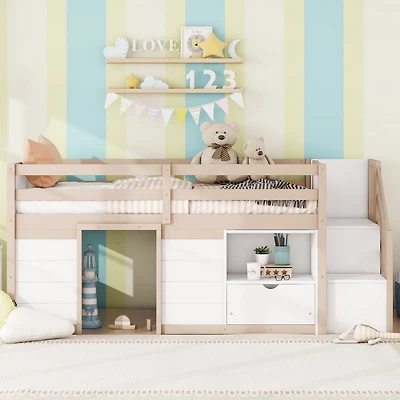 Streamdale Twin Low Loft Bed with Stair, Drawer, Shelf - Cream