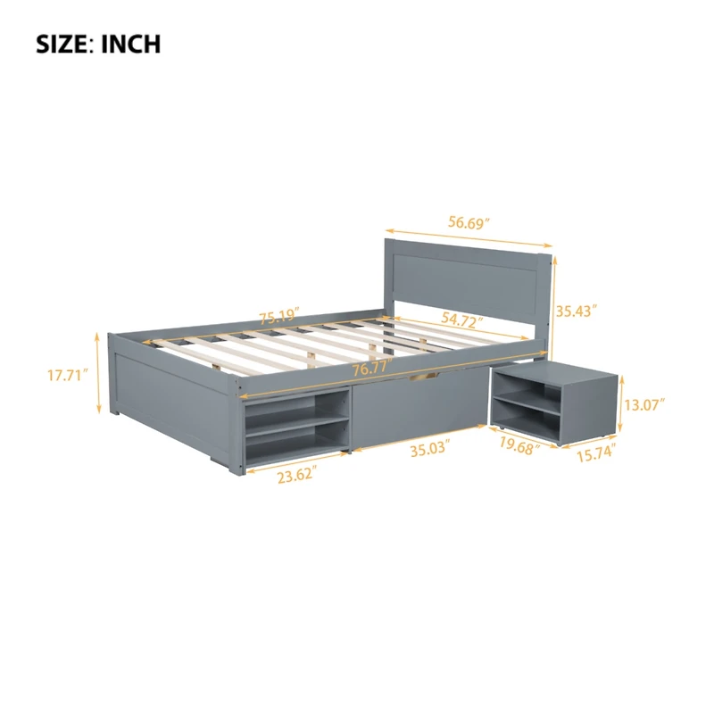 Streamdale Full Size Platform Bed With Drawer And Two Shelves, Gray