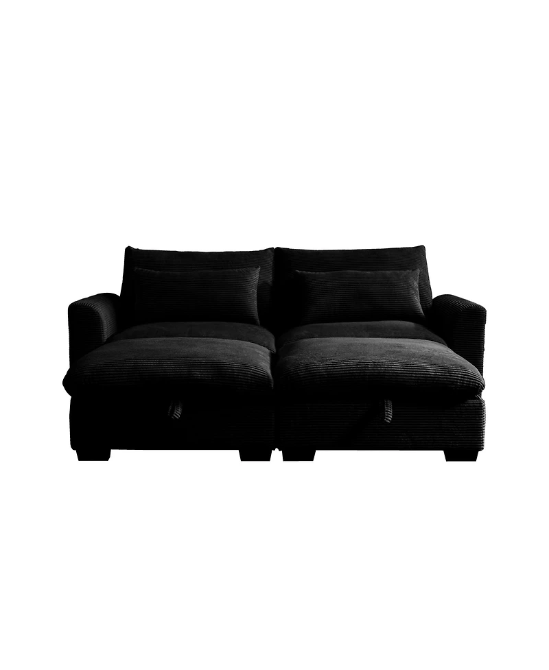 Streamdale Furniture Corduroy Two-Seater Sofa with 2 Storage Footrest,2 Seater Sectional deep seat sofa,Comfy Couches for Living Room,Black Sofa