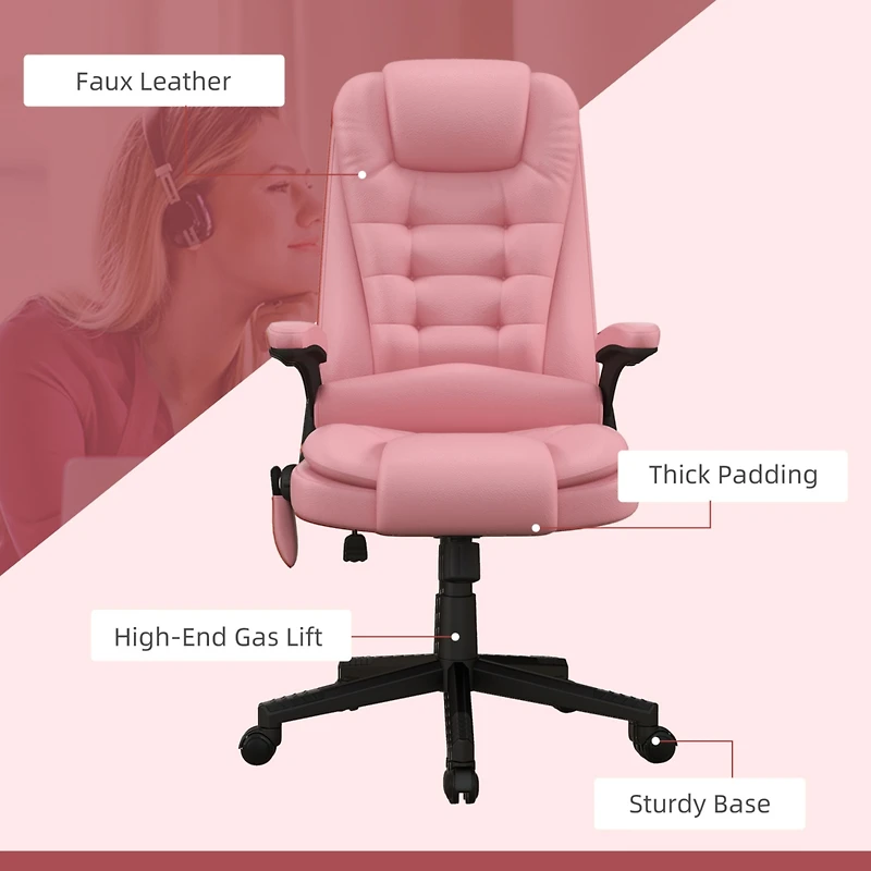 High Back Vibration Massage Office Chair with 6 Vibration Points, Heated Reclining Pu Leather Computer Chair with Armrest and Remote, Pink