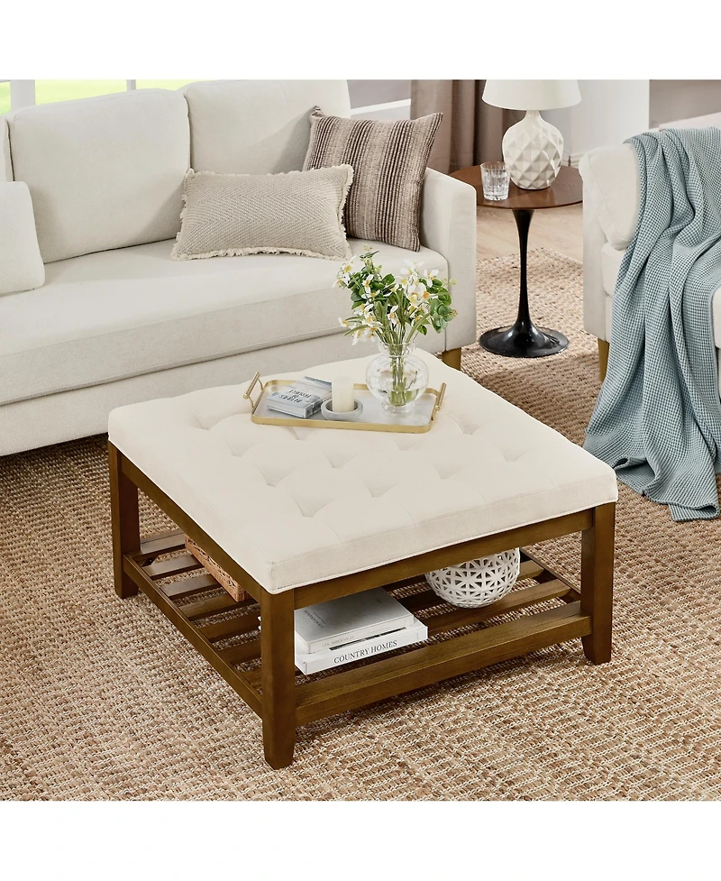 Streamdale Tufted Linen Ottoman with Wood Shelf and Frame